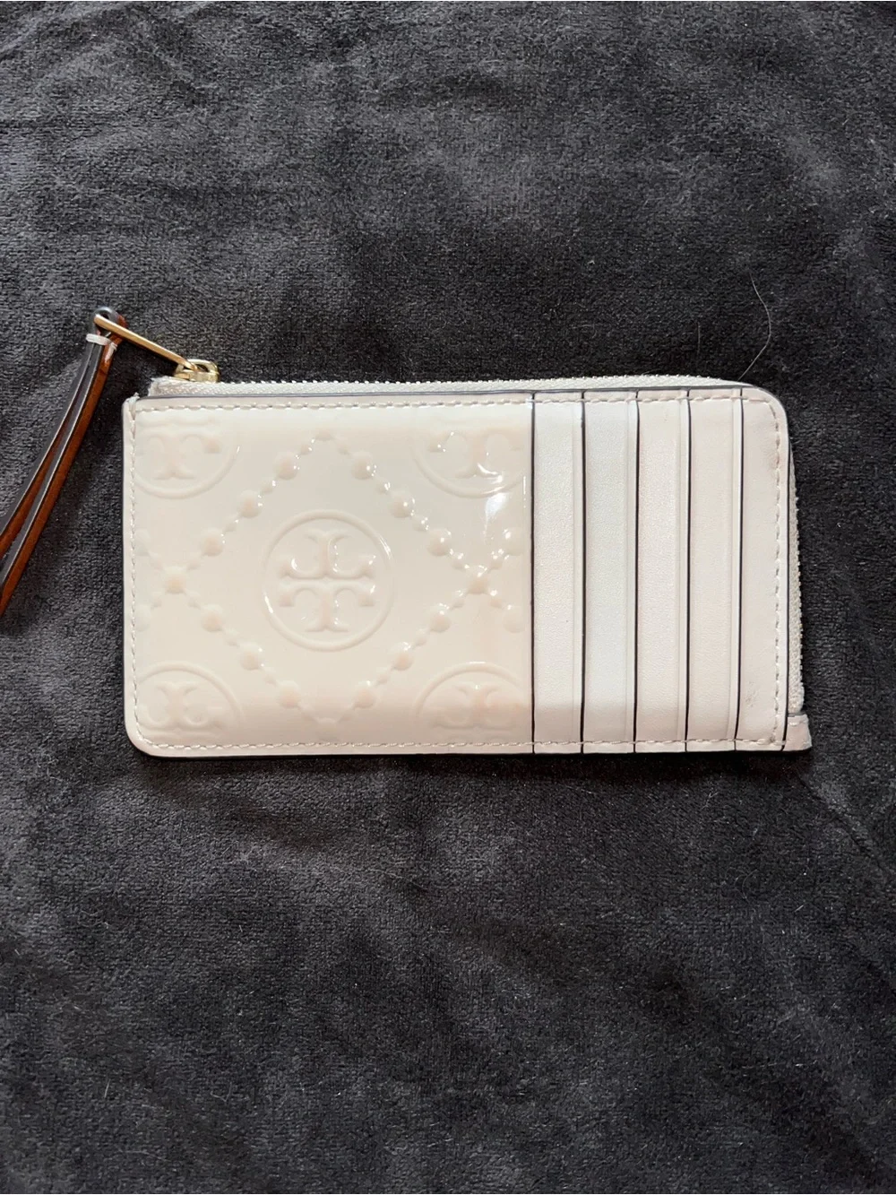 Tory Burch Ivory Monogram Patent Leather Card Case Wristlet
